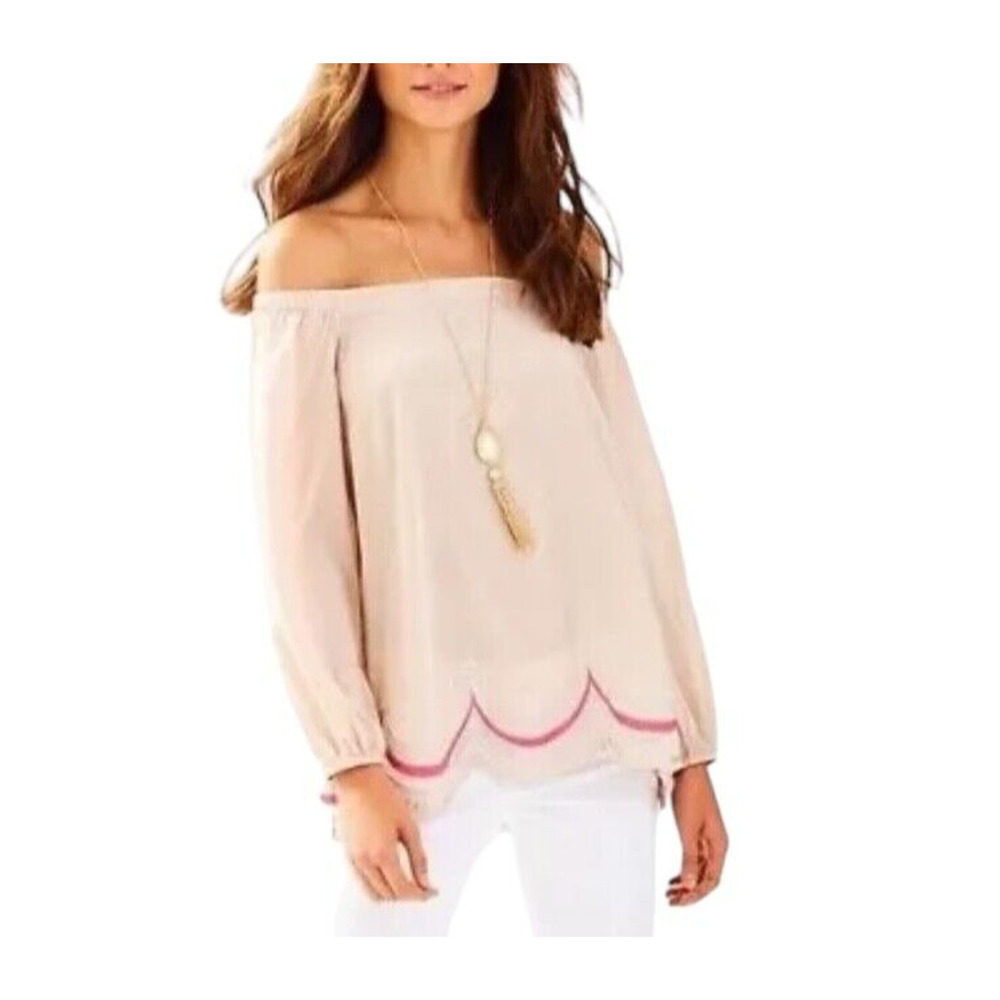 LILLY PULITZER Adira Women's Size XS Oyster Shell Pink Off-The-Shoulder Silk Top - Picture 1 of 8